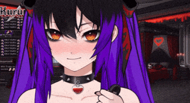 a girl with purple hair is wearing a choker with spikes and a heart pendant