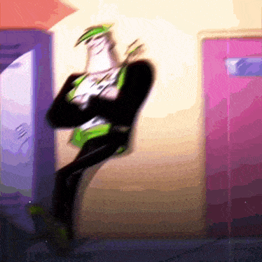 a cartoon character is standing next to a locker in a hallway .