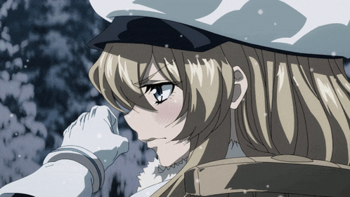 a blonde anime girl wearing a white hat and gloves