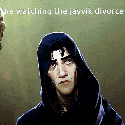 a drawing of a man with a hood and the words " me watching the jayvik divorce " below him