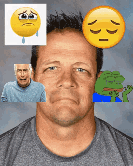 a man 's face is surrounded by various emojis including a sad smiley face and a crying frog
