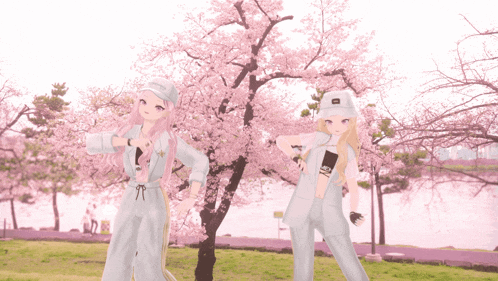 two anime girls are standing in front of a pink cherry blossom tree