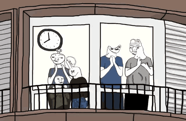 a group of people are standing on a balcony with a clock above them that shows the time as 4:20