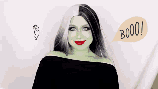 a woman is wearing a green and black wig and has a speech bubble with the word boo on it .