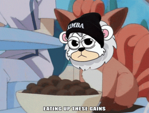 a cartoon of a squirrel wearing a kimba hat sitting next to a bowl of food
