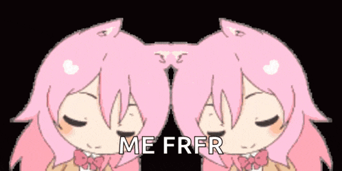 a cartoon girl with pink hair and the words me frfr