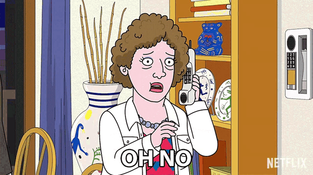 a cartoon of a woman talking on a phone with the words oh no on the bottom
