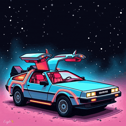 a drawing of a back to the future car with the word crypto on the bottom