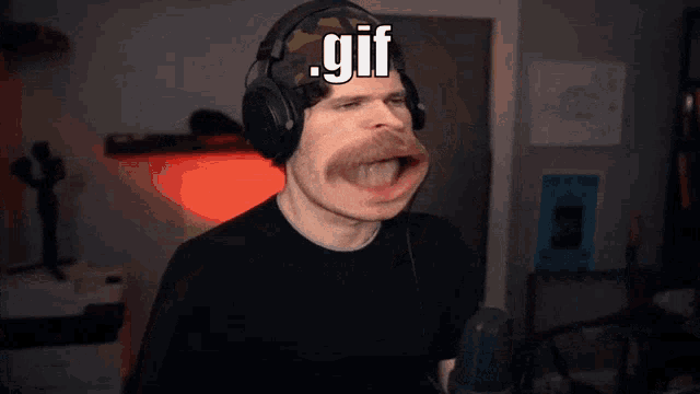 a man wearing headphones has a gif written on his head