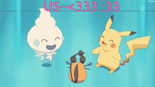 a pikachu and a mouse are standing next to each other on a blue background that says us ~ < 33 .33