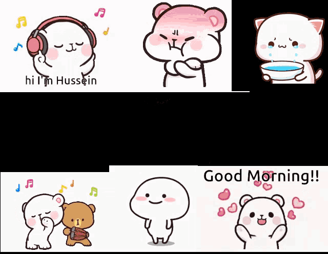 a collage of cartoon characters with one saying hi i 'm hussem