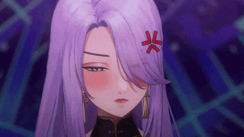 a close up of a girl with purple hair and a red angry face .