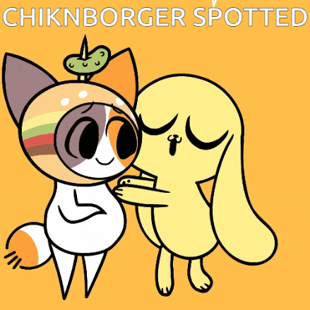 a cartoon drawing of a cat and a duck with the words " chiknburger spotted " on the top