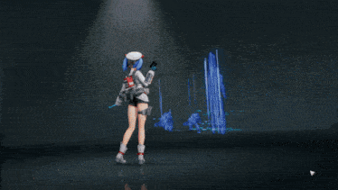 a girl with blue hair is holding a gun with the words click anywhere to skip on the bottom