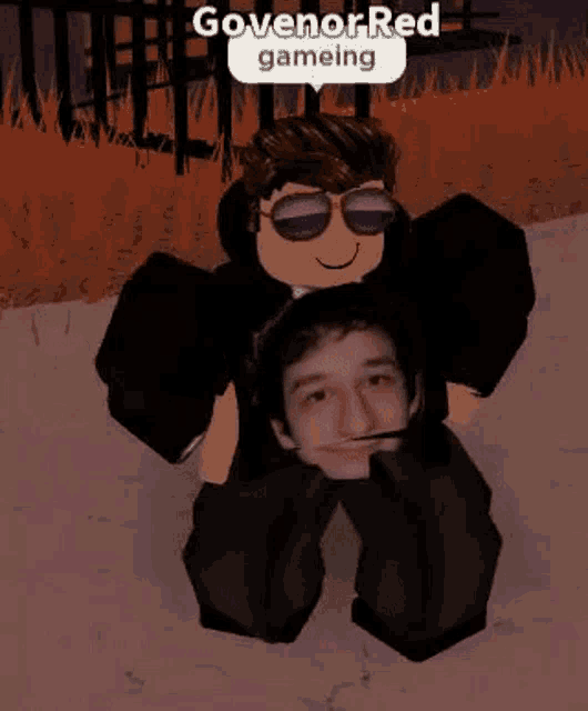 a roblox character is sitting on a man 's shoulders .
