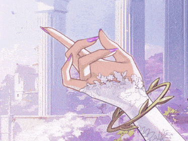 a girl with purple hair is wearing a white dress and gloves
