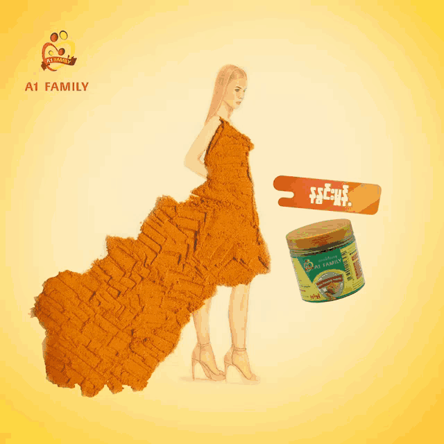 an advertisement for a1 family shows a woman in a long dress made out of turmeric