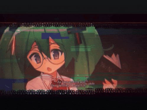 a picture of a girl with green hair and glasses with the words " an instantly cool " on the bottom left