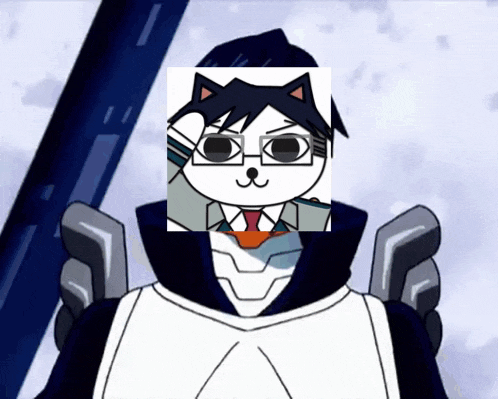 a cartoon character with glasses and a cat face on his face