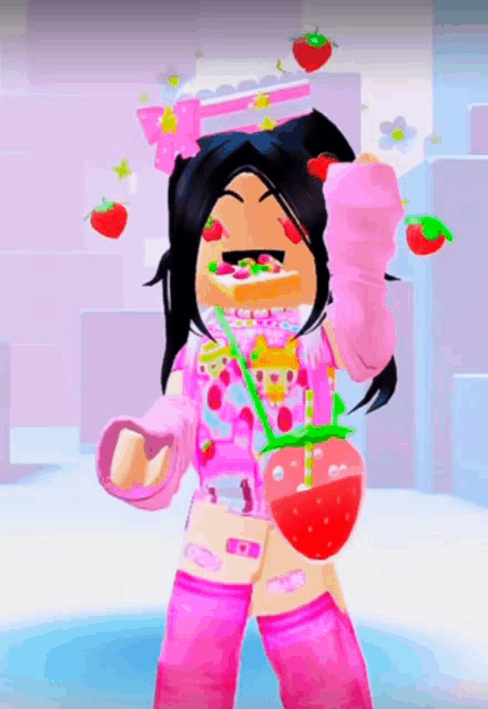 a girl with strawberries on her face and a strawberry purse