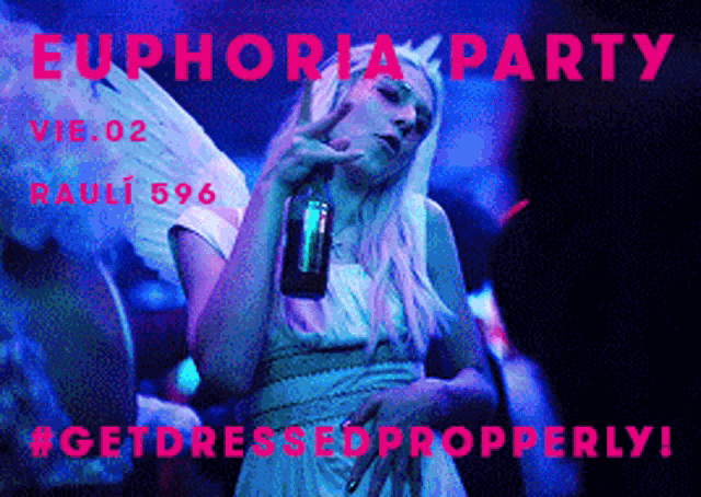 a poster for euphoria party shows a woman with wings holding a bottle