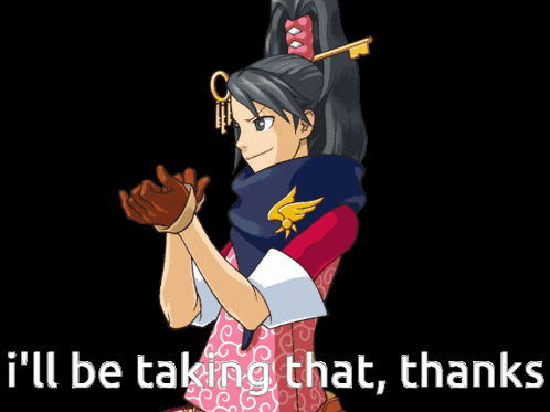 a cartoon of a girl with a key in her hair and the words " i 'll be taking that thanks " below her