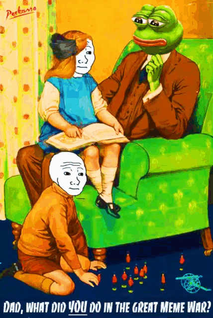 a painting of a man reading a book to two children with the caption " dad what did you do in the great meme war ? "