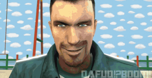 a man is smiling in front of a cloudy sky and the words dafuoi ? boon written below him