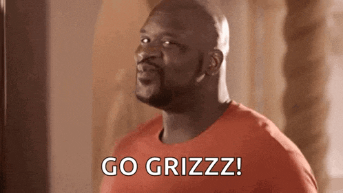 a bald man in a red shirt is standing in front of a mirror and saying `` go grizzly ! ''