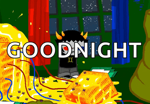 a cartoon character with horns and the words goodnight in white