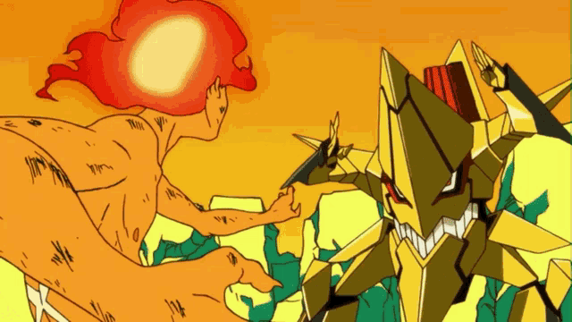 a cartoon drawing of a man holding a sword and a robot