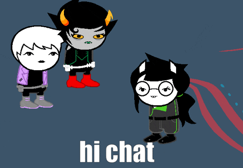 a group of cartoon characters standing next to each other with the words hi chat on the bottom right