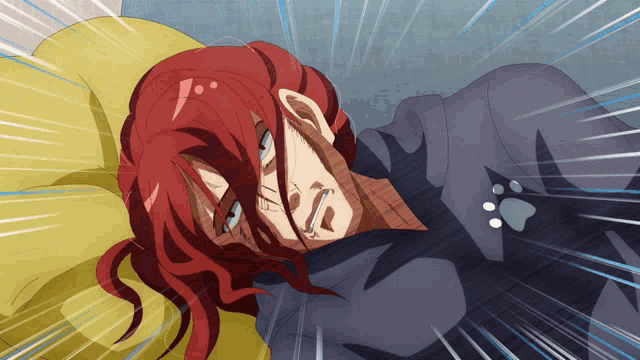 a cartoon character with red hair is laying on a pillow
