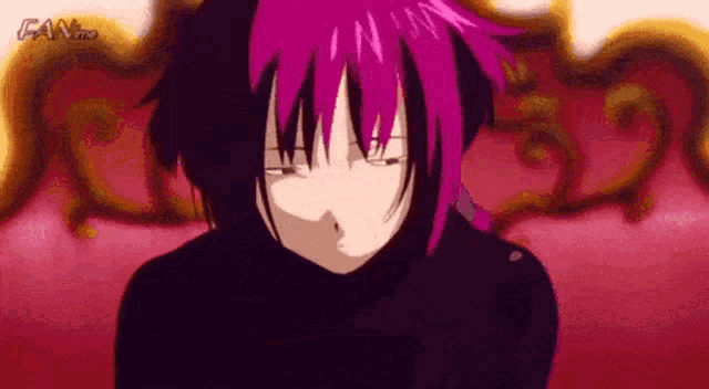 a girl with purple hair is wearing a black sweater