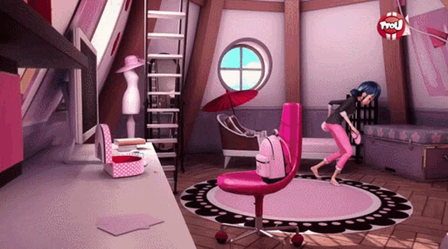 a girl is standing in a room with a tv on the wall that says " trou "