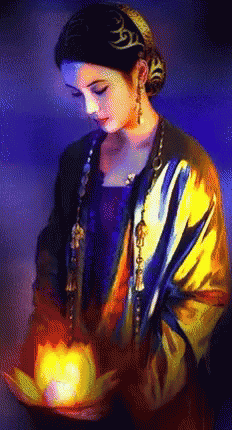 a painting of a woman holding a lotus flower in her hand