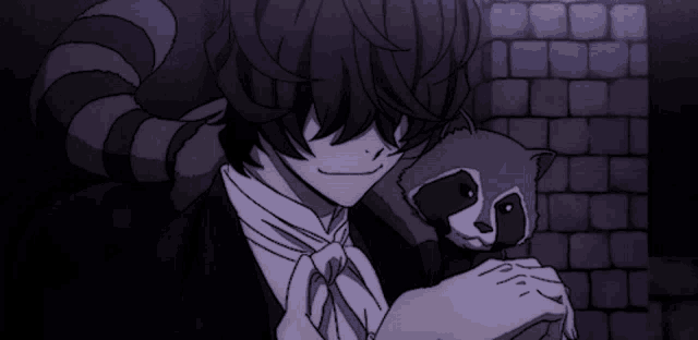 a man with horns is holding a raccoon in his arms