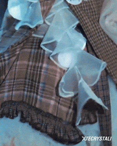 a close up of a plaid shirt with ruffles and the name xtecrystali