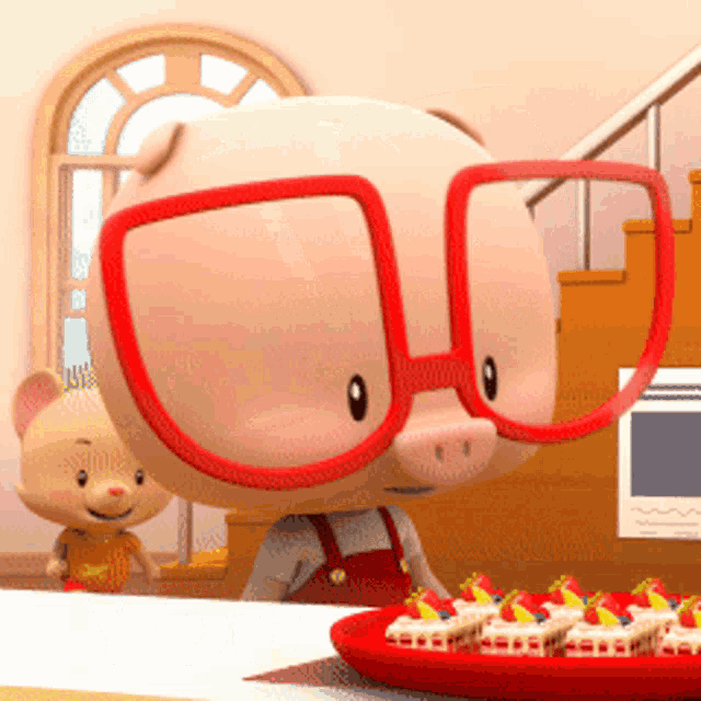 a cartoon pig wearing red glasses is standing next to a plate of cupcakes