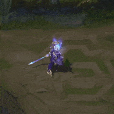 a video game character with a sword in a purple glow