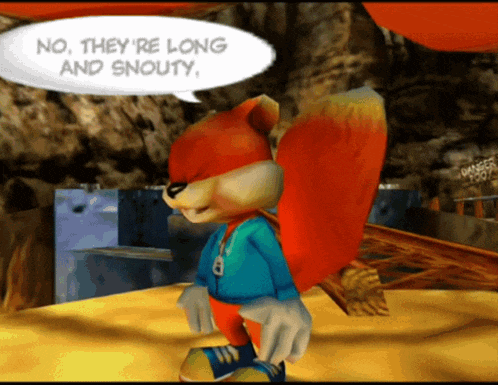 a cartoon squirrel with a speech bubble that says " no they 're long and snotty "