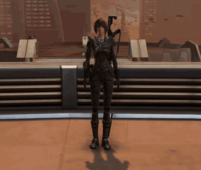 a woman in a futuristic outfit is holding a rifle