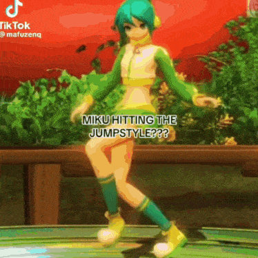 a video of a girl dancing with the caption " miku hitting the jumpstyle " .