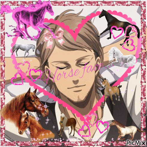a man with his eyes closed is surrounded by horses and a pink heart with the word horse fab written on it