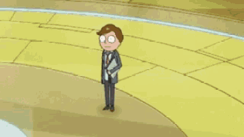 a cartoon man in a suit and tie is standing on a sidewalk .