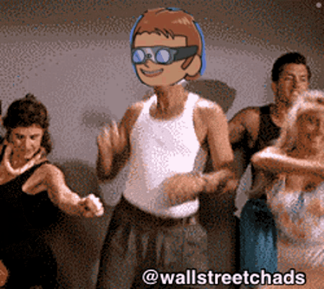 a group of people are dancing with a man wearing sunglasses and a cartoon head