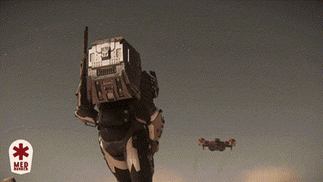 a robot is flying in the sky with a red star and the word med on it