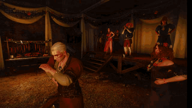 a screenshot of a video game shows a man in a red jacket