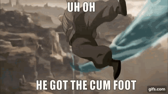 a man is flying through the air with the words `` he got the cum foot '' written below him .