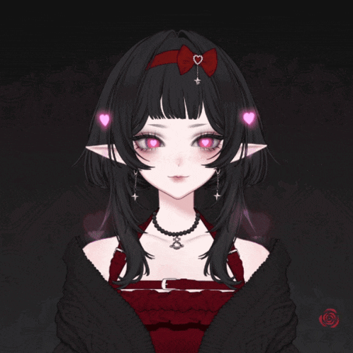 a girl with a bow in her hair has pink hearts coming out of her hair